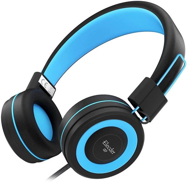 Main image of i37 Kids Headphones for School Child Girls Boys Teens, Black/Blue Foldable Adjustable Lightweight, 3.5mm Audio Jack On Ear Headphones for Smartphones Chromebook Computer PC Tablets Travel