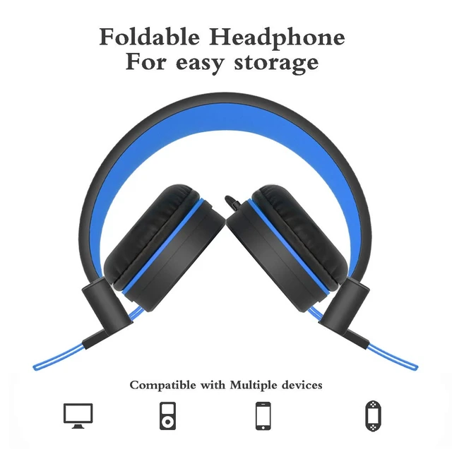Alt view image 3 of 7 - i37 Kids Headphones for School Child Girls Boys Teens, Black/Blue Foldable Adjustable Lightweight, 3.5mm Audio Jack On Ear Headphones for Smartphones Chromebook Computer PC Tablets Travel