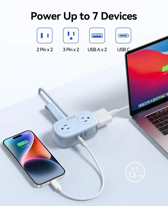 Alt view image 3 of 7 - Cruise Approved Travel Power Strip, 4FT Wrap-Around Extension Cord with 4 AC Outlets 3 USB Ports (1 USB C), 45° Flat Plug, Non Surge Protector for Travel, Cruise Ship ETL Listed-AP3