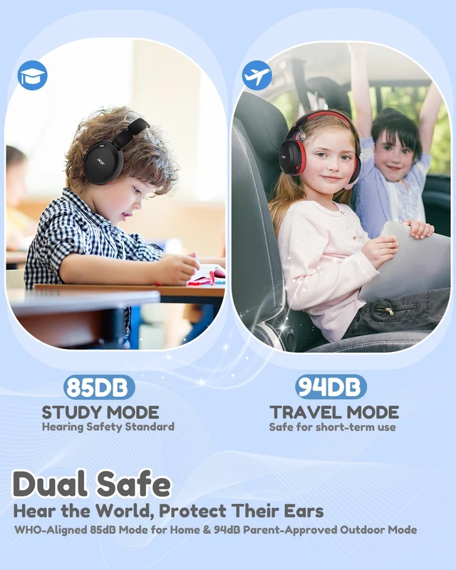 Alt view image 2 of 7 - Kids Bluetooth Headphones, 85/94dB Volume Limiter, Foldable Wireless Over-Ear Headphones for iPad, Travel, 60H Playtime, Bluetooth 6.0, Built-in Mic, Black Red