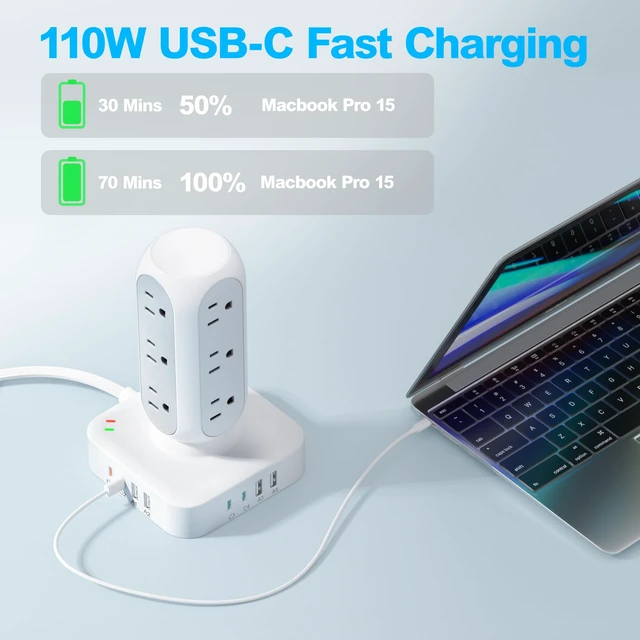 Alt view image 2 of 6 - 160W Fast Charging Station, Flat Plug Power Strip Tower, 10FT 12 AC Outlets & 8 USB Ports (2 PD USB-C Ports), Compatible for MacBook Pro, iPhone Series