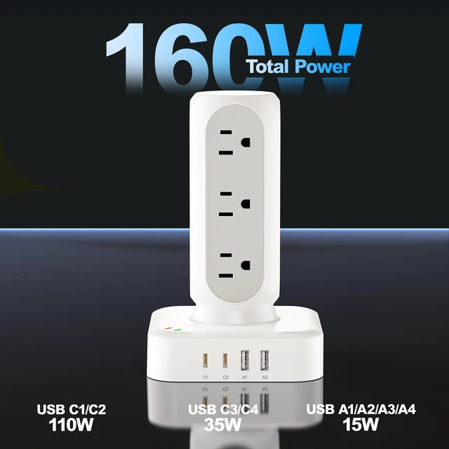 Alt view image 3 of 6 - 160W Fast Charging Station, Flat Plug Power Strip Tower, 10FT 12 AC Outlets & 8 USB Ports (2 PD USB-C Ports), Compatible for MacBook Pro, iPhone Series