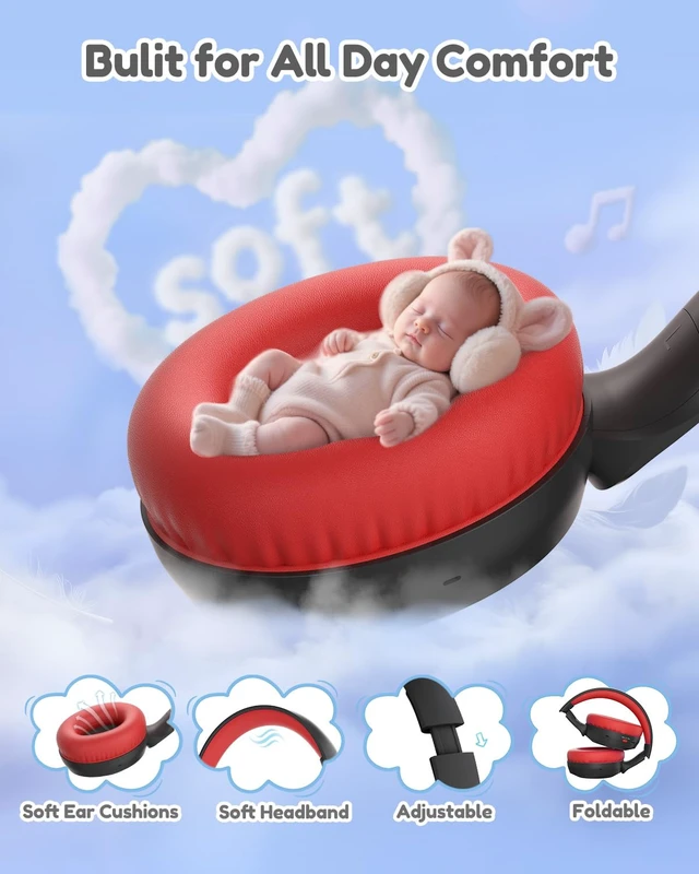 Alt view image 4 of 7 - Kids Bluetooth Headphones, 85/94dB Volume Limiter, Foldable Wireless Over-Ear Headphones for iPad, Travel, 60H Playtime, Bluetooth 6.0, Built-in Mic, Black Red
