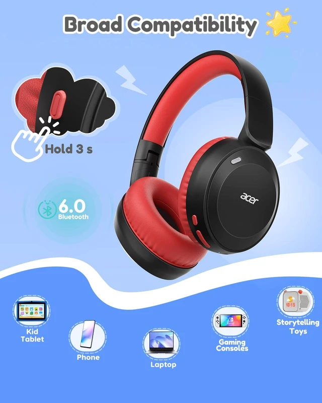 Alt view image 6 of 7 - Kids Bluetooth Headphones, 85/94dB Volume Limiter, Foldable Wireless Over-Ear Headphones for iPad, Travel, 60H Playtime, Bluetooth 6.0, Built-in Mic, Black Red