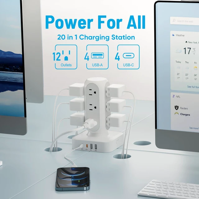 Alt view image 4 of 6 - 160W Fast Charging Station, Flat Plug Power Strip Tower, 10FT 12 AC Outlets & 8 USB Ports (2 PD USB-C Ports), Compatible for MacBook Pro, iPhone Series