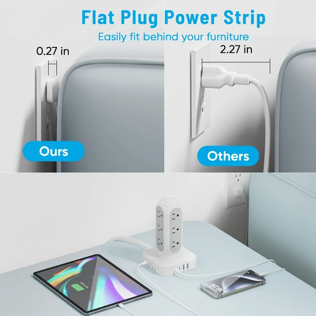 Alt view image 5 of 6 - 160W Fast Charging Station, Flat Plug Power Strip Tower, 10FT 12 AC Outlets & 8 USB Ports (2 PD USB-C Ports), Compatible for MacBook Pro, iPhone Series