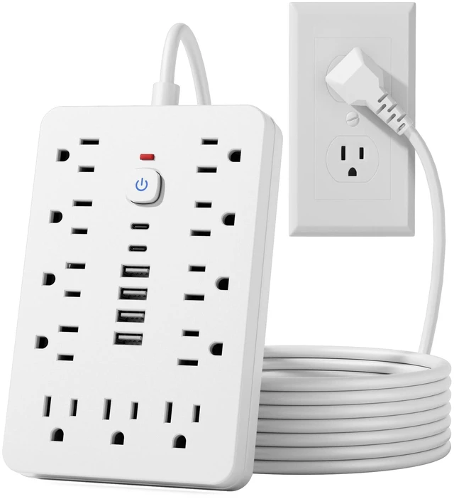 Main image of 15 FT Flat Plug Surge Protector Power Strip,11 AC Outlets with 6 USB Ports 15 Feet Extension Cord with 11 Multiple Outlets&6 USB Ports (2 USB C),1250W/10A,One Touch Switch Button power strip
