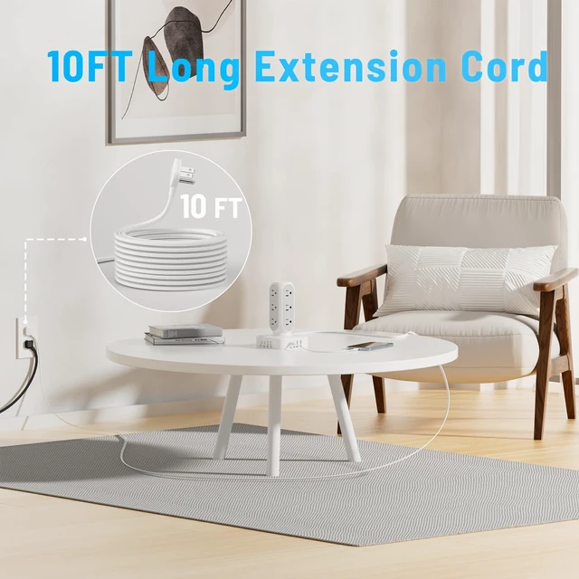 Alt view image 6 of 6 - 160W Fast Charging Station, Flat Plug Power Strip Tower, 10FT 12 AC Outlets & 8 USB Ports (2 PD USB-C Ports), Compatible for MacBook Pro, iPhone Series