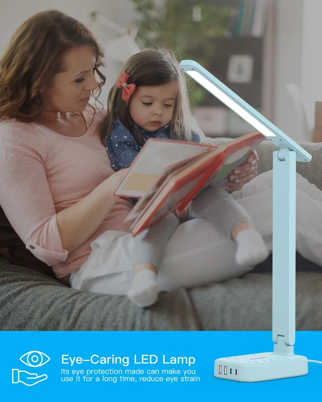 Alt view image 6 of 7 - LED Desk Lamp, Power Strip with 4 USB 3 Outlets, Dorm Room Essentials, Blue 4 Modes 5 Level Brightness Touch Lamp, Small Desk Lamp for Home Office College Dorm Essentials, Study Reading Light