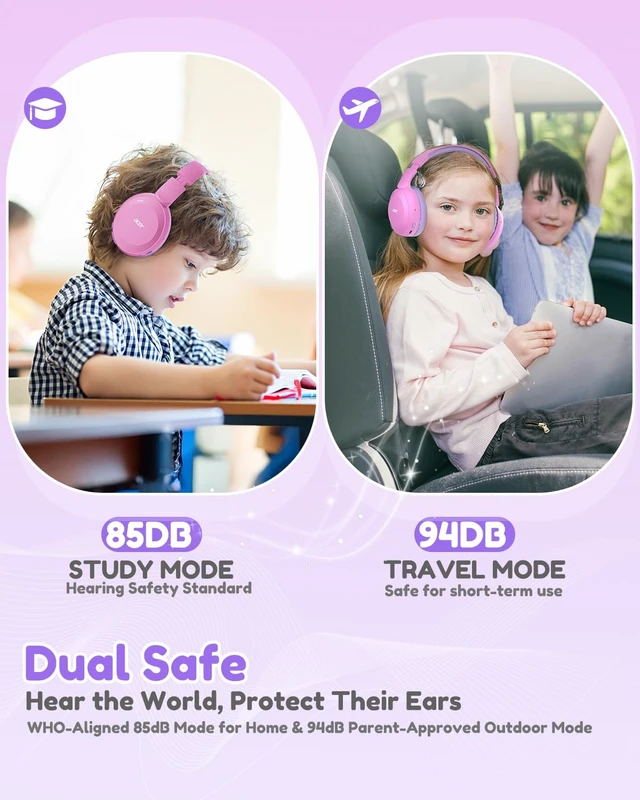 Alt view image 2 of 7 - Kids Bluetooth Headphones, 85/94dB Volume Limiter, Foldable Wireless Over-Ear Headphones for iPad, Travel, 60H Playtime, Bluetooth 6.0, Built-in Mic, Pink