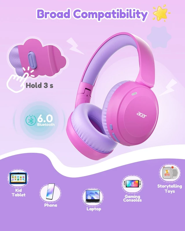 Alt view image 6 of 7 - Kids Bluetooth Headphones, 85/94dB Volume Limiter, Foldable Wireless Over-Ear Headphones for iPad, Travel, 60H Playtime, Bluetooth 6.0, Built-in Mic, Pink