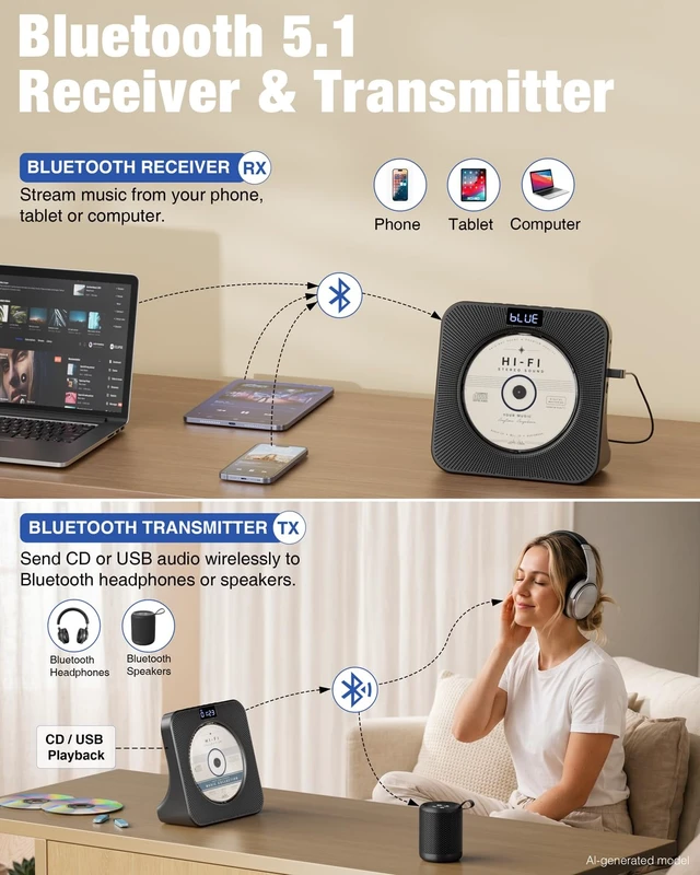 Alt view image 3 of 7 - Portable CD Player with Bluetooth RX/TX, FM Radio & USB - Black Desktop Design, HiFi Stereo Speakers, Front Display, Headphone Jack, Sleep Timer, Remote, USB-C Adapter Included