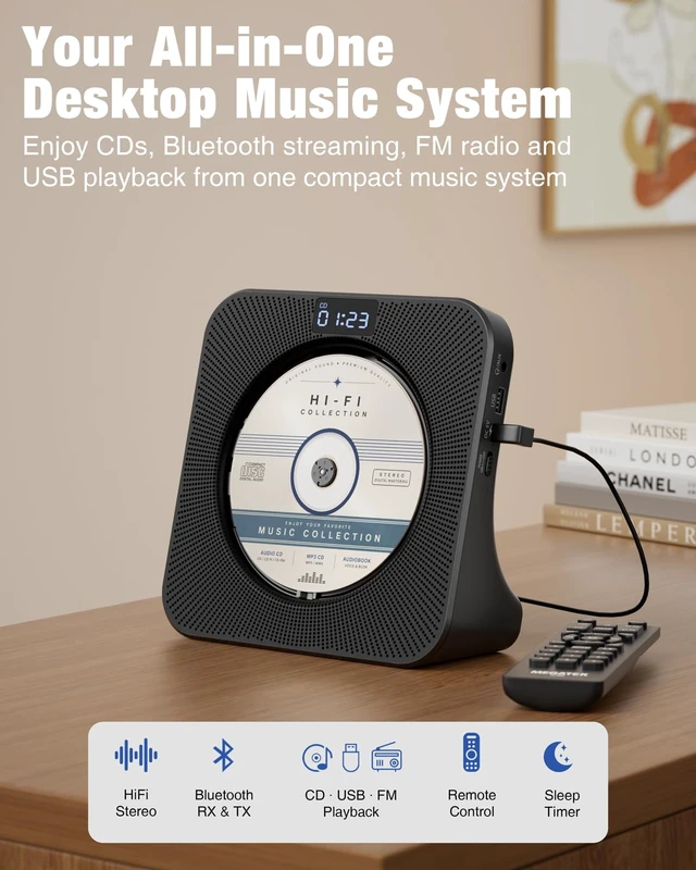 Alt view image 2 of 7 - Portable CD Player with Bluetooth RX/TX, FM Radio & USB - Black Desktop Design, HiFi Stereo Speakers, Front Display, Headphone Jack, Sleep Timer, Remote, USB-C Adapter Included