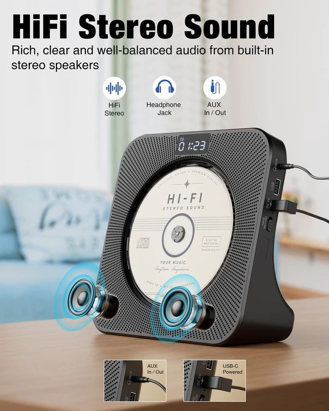 Alt view image 4 of 7 - Portable CD Player with Bluetooth RX/TX, FM Radio & USB - Black Desktop Design, HiFi Stereo Speakers, Front Display, Headphone Jack, Sleep Timer, Remote, USB-C Adapter Included