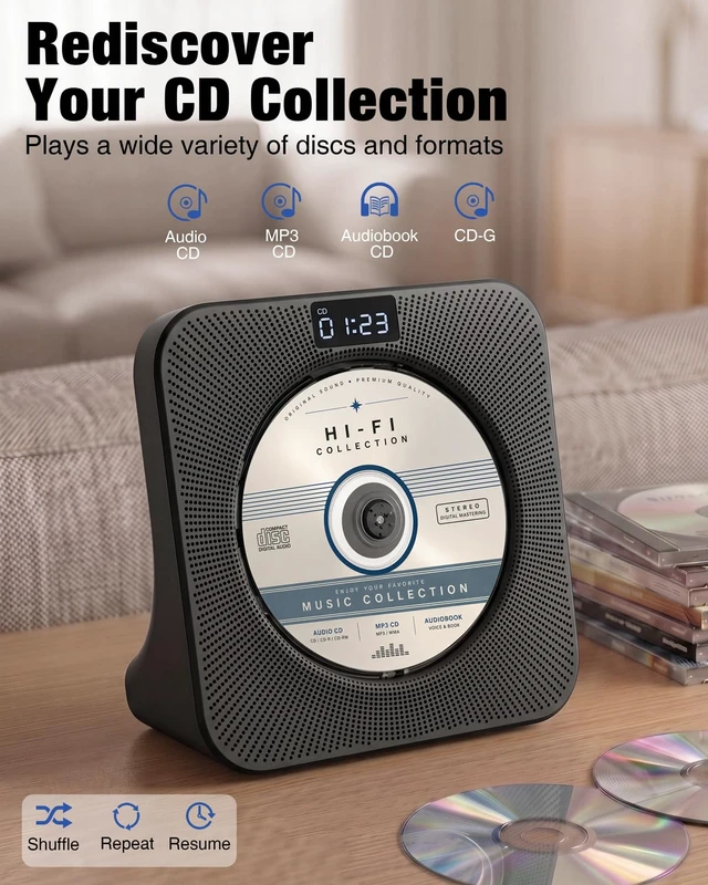 Alt view image 5 of 7 - Portable CD Player with Bluetooth RX/TX, FM Radio & USB - Black Desktop Design, HiFi Stereo Speakers, Front Display, Headphone Jack, Sleep Timer, Remote, USB-C Adapter Included