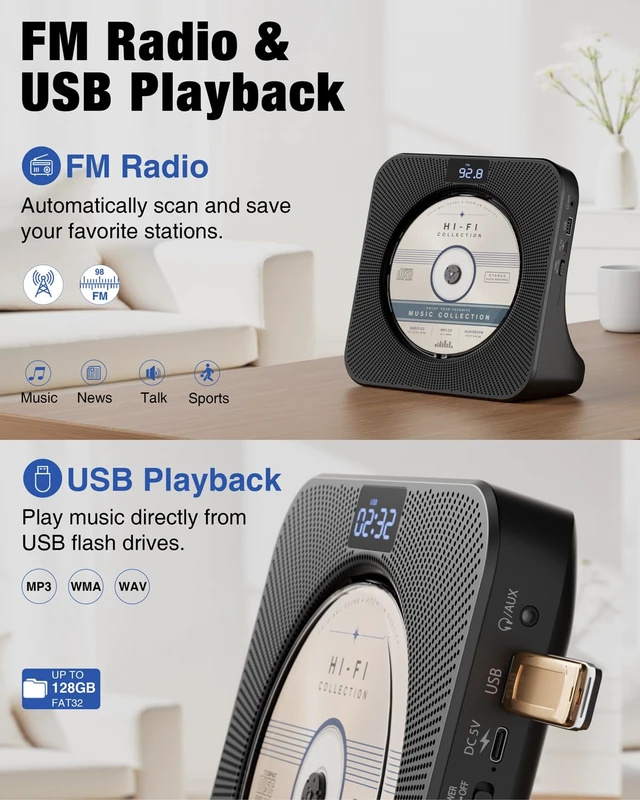 Alt view image 6 of 7 - Portable CD Player with Bluetooth RX/TX, FM Radio & USB - Black Desktop Design, HiFi Stereo Speakers, Front Display, Headphone Jack, Sleep Timer, Remote, USB-C Adapter Included