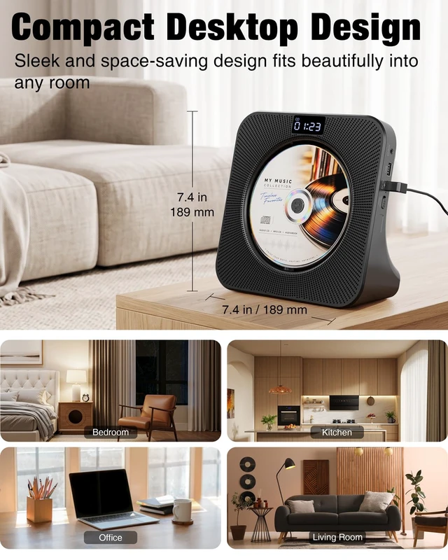Alt view image 7 of 7 - Portable CD Player with Bluetooth RX/TX, FM Radio & USB - Black Desktop Design, HiFi Stereo Speakers, Front Display, Headphone Jack, Sleep Timer, Remote, USB-C Adapter Included