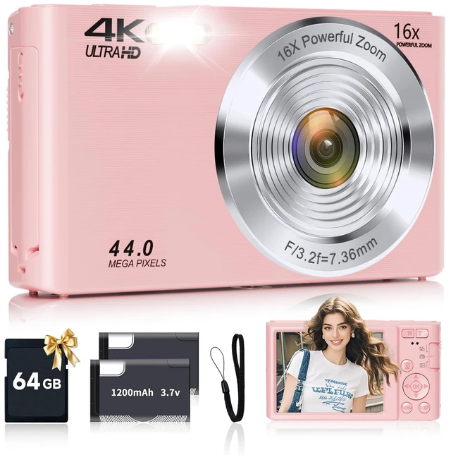 Main image of Digital Camera, FHD 4K Autofocus Digital Camera Pink with 64GB SD Card 16X Zoom, 2026 Upgraded Compact Cameras for Photography Point and Shoot Small Camera for Teen Boys Girls Kids Travel Adventures