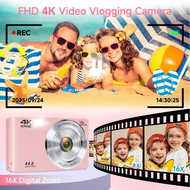Alt view image 3 of 7 - Digital Camera, FHD 4K Autofocus Digital Camera Pink with 64GB SD Card 16X Zoom, 2026 Upgraded Compact Cameras for Photography Point and Shoot Small Camera for Teen Boys Girls Kids Travel Adventures