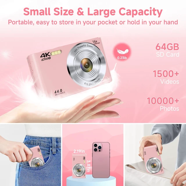 Alt view image 5 of 7 - Digital Camera, FHD 4K Autofocus Digital Camera Pink with 64GB SD Card 16X Zoom, 2026 Upgraded Compact Cameras for Photography Point and Shoot Small Camera for Teen Boys Girls Kids Travel Adventures