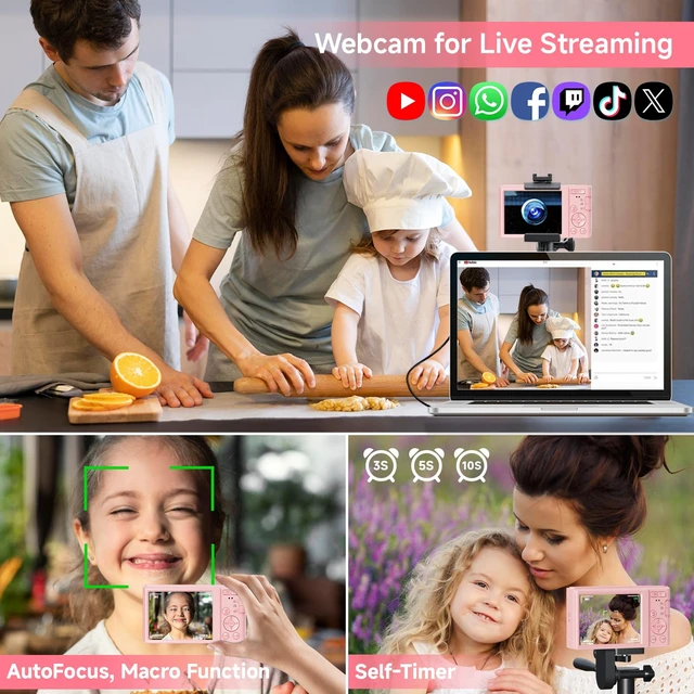 Alt view image 6 of 7 - Digital Camera, FHD 4K Autofocus Digital Camera Pink with 64GB SD Card 16X Zoom, 2026 Upgraded Compact Cameras for Photography Point and Shoot Small Camera for Teen Boys Girls Kids Travel Adventures