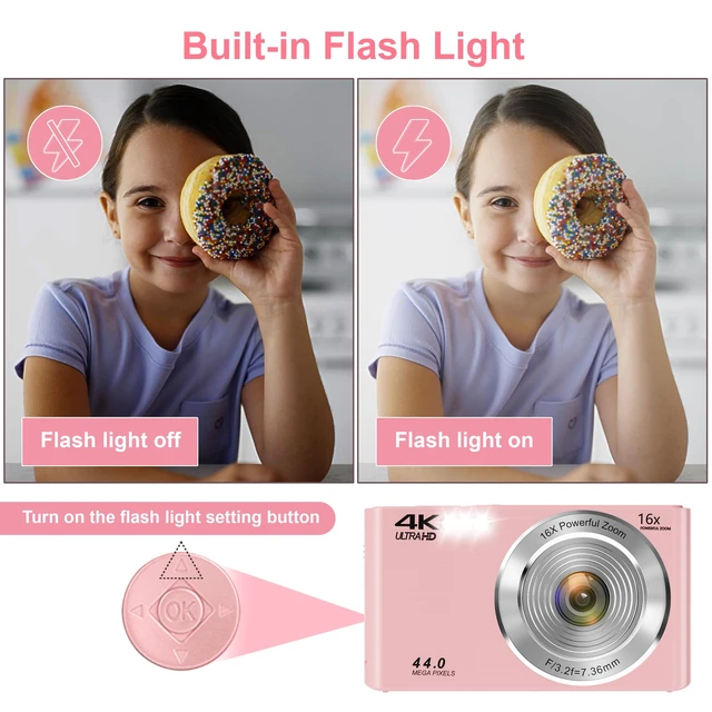 Alt view image 7 of 7 - Digital Camera, FHD 4K Autofocus Digital Camera Pink with 64GB SD Card 16X Zoom, 2026 Upgraded Compact Cameras for Photography Point and Shoot Small Camera for Teen Boys Girls Kids Travel Adventures