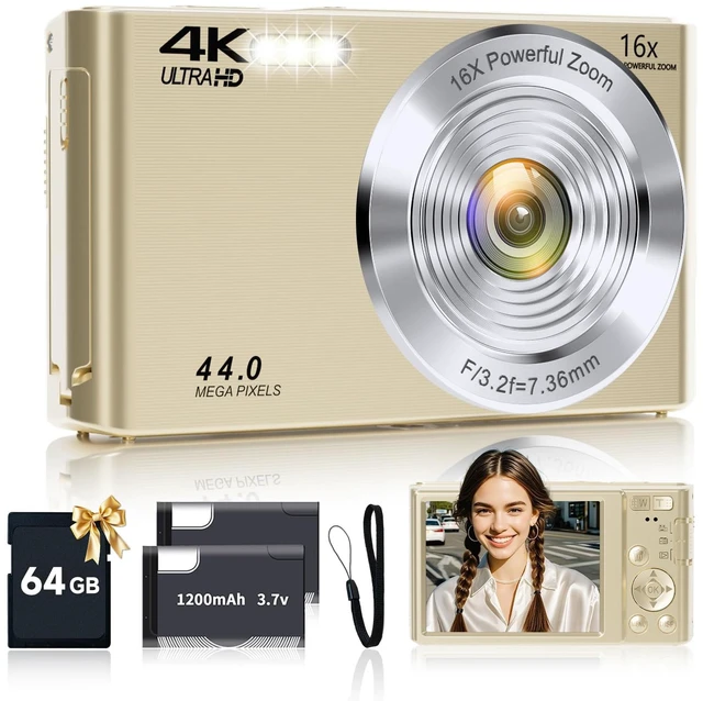 Main image of Digital Camera, 2026 FHD 4K Autofocus Digital Camera with 64GB SD Card 16X Digital Zoom, Gold Cameras for Photography Portable Compact Point and Shoot Camera for Teens Adult Kids Gift