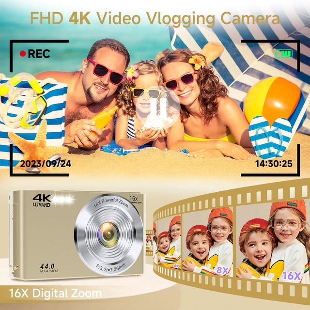 Alt view image 3 of 7 - Digital Camera, 2026 FHD 4K Autofocus Digital Camera with 64GB SD Card 16X Digital Zoom, Gold Cameras for Photography Portable Compact Point and Shoot Camera for Teens Adult Kids Gift