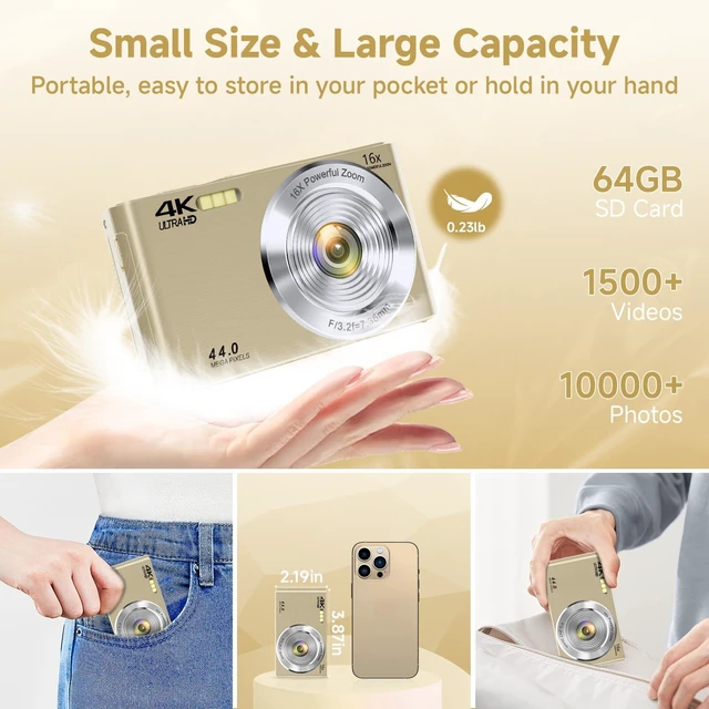 Alt view image 5 of 7 - Digital Camera, 2026 FHD 4K Autofocus Digital Camera with 64GB SD Card 16X Digital Zoom, Gold Cameras for Photography Portable Compact Point and Shoot Camera for Teens Adult Kids Gift