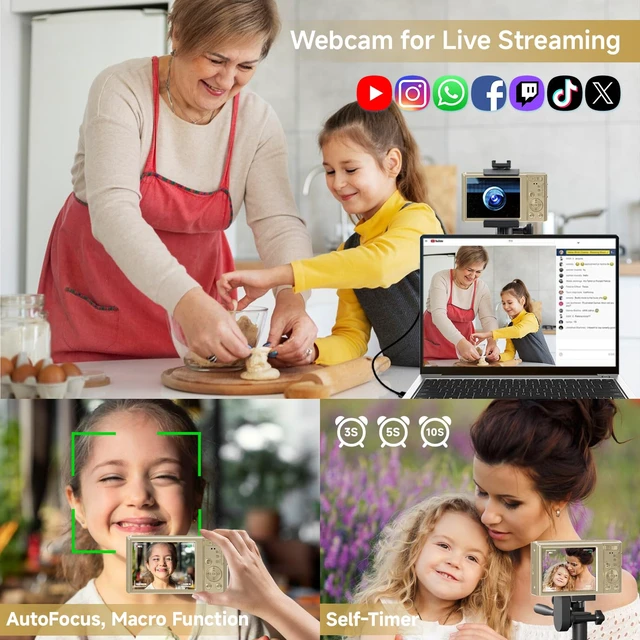 Alt view image 6 of 7 - Digital Camera, 2026 FHD 4K Autofocus Digital Camera with 64GB SD Card 16X Digital Zoom, Gold Cameras for Photography Portable Compact Point and Shoot Camera for Teens Adult Kids Gift