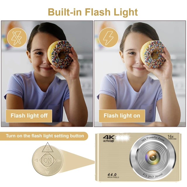 Alt view image 7 of 7 - Digital Camera, 2026 FHD 4K Autofocus Digital Camera with 64GB SD Card 16X Digital Zoom, Gold Cameras for Photography Portable Compact Point and Shoot Camera for Teens Adult Kids Gift