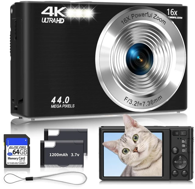 Main image of Digital Camera 4K, 2026 Upgrade Black Cameras for Teens, Autofocus Digital Point and Shoot Camera for Kids with 16X Zoom, 64GB SD Card, Compact Small Camera for Boys Girls Teens Kids Gift