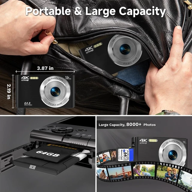 Alt view image 6 of 7 - Digital Camera 4K, 2026 Upgrade Black Cameras for Teens, Autofocus Digital Point and Shoot Camera for Kids with 16X Zoom, 64GB SD Card, Compact Small Camera for Boys Girls Teens Kids Gift