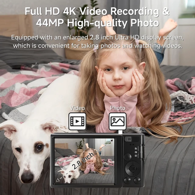 Alt view image 3 of 7 - Digital Camera 4K, 2026 Upgrade Black Cameras for Teens, Autofocus Digital Point and Shoot Camera for Kids with 16X Zoom, 64GB SD Card, Compact Small Camera for Boys Girls Teens Kids Gift