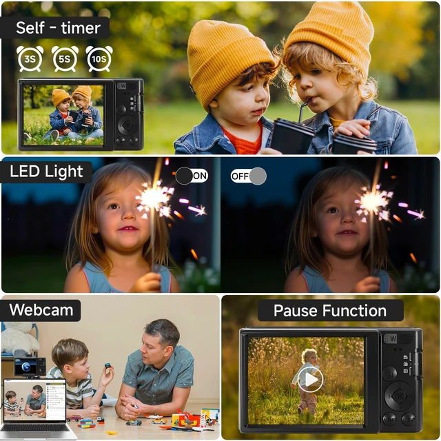 Alt view image 4 of 7 - Digital Camera 4K, 2026 Upgrade Black Cameras for Teens, Autofocus Digital Point and Shoot Camera for Kids with 16X Zoom, 64GB SD Card, Compact Small Camera for Boys Girls Teens Kids Gift