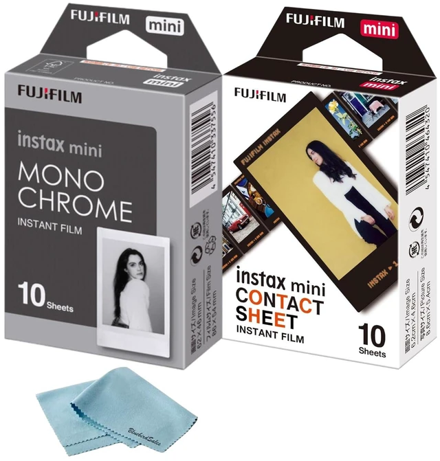 Main image of Instax Mini Contact Instant Film 10 Sheets + Mono Chrome 10 Sheets + BluebirdSales Microfiber Cleaning Cloth Creative Photography Bundle (Mini Film Combo)