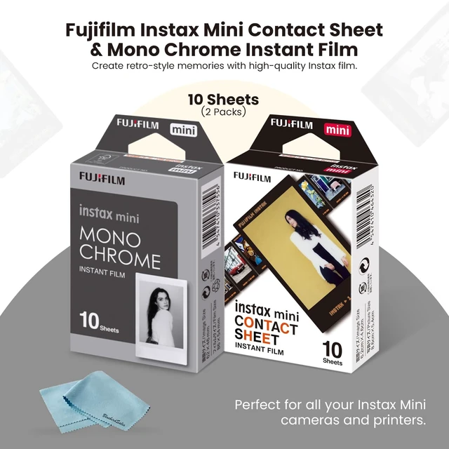 Alt view image 2 of 6 - Instax Mini Contact Instant Film 10 Sheets + Mono Chrome 10 Sheets + BluebirdSales Microfiber Cleaning Cloth Creative Photography Bundle (Mini Film Combo)