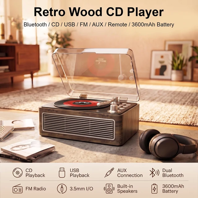 Alt view image 2 of 7 - CD Player for Home Retro, Bluetooth 5.4, Hi-Fi Speaker,FM Radio Portable wood CD music player 3600mAh rechargeable battery, room decor,vintage nostalgic record-style,gift for music lovers