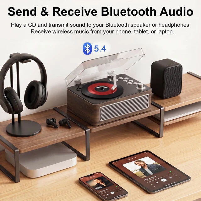 Alt view image 3 of 7 - CD Player for Home Retro, Bluetooth 5.4, Hi-Fi Speaker,FM Radio Portable wood CD music player 3600mAh rechargeable battery, room decor,vintage nostalgic record-style,gift for music lovers