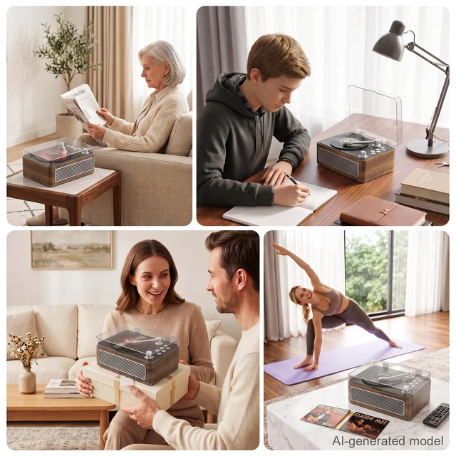 Alt view image 7 of 7 - CD Player for Home Retro, Bluetooth 5.4, Hi-Fi Speaker,FM Radio Portable wood CD music player 3600mAh rechargeable battery, room decor,vintage nostalgic record-style,gift for music lovers