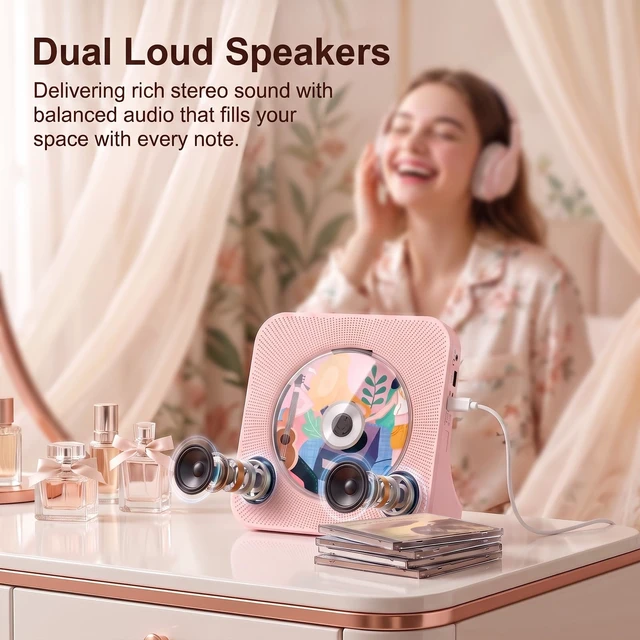 Alt view image 3 of 7 - Portable CD Player with Bluetooth for Home, Hi-Fi Speaker,FM Radio Plug-in desktop use,2-way Bluetooth mode, 3W speakers,Remote control,sleep timer, A-B repeat,USB/AUX,headphone jack