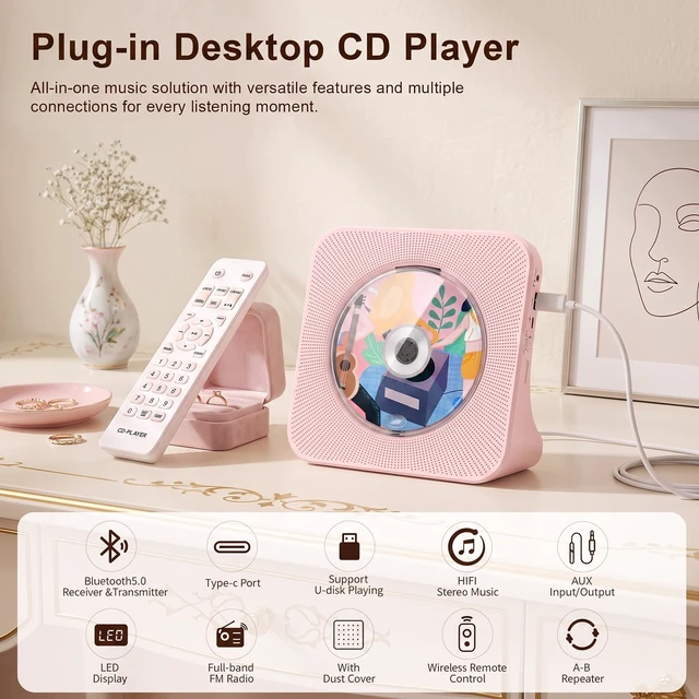 Alt view image 2 of 7 - Portable CD Player with Bluetooth for Home, Hi-Fi Speaker,FM Radio Plug-in desktop use,2-way Bluetooth mode, 3W speakers,Remote control,sleep timer, A-B repeat,USB/AUX,headphone jack