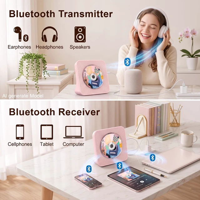 Alt view image 4 of 7 - Portable CD Player with Bluetooth for Home, Hi-Fi Speaker,FM Radio Plug-in desktop use,2-way Bluetooth mode, 3W speakers,Remote control,sleep timer, A-B repeat,USB/AUX,headphone jack