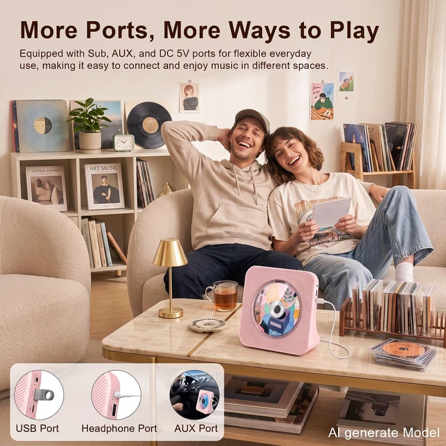 Alt view image 5 of 7 - Portable CD Player with Bluetooth for Home, Hi-Fi Speaker,FM Radio Plug-in desktop use,2-way Bluetooth mode, 3W speakers,Remote control,sleep timer, A-B repeat,USB/AUX,headphone jack
