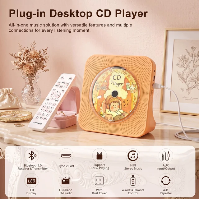 Alt view image 2 of 7 - Portable CD Player with Bluetooth, CD Player with Speaker for Home Plug-in desktop use,2-way Bluetooth mode, 3W speakers, FM radio, sleep timer, A-B repeat,USB/AUX