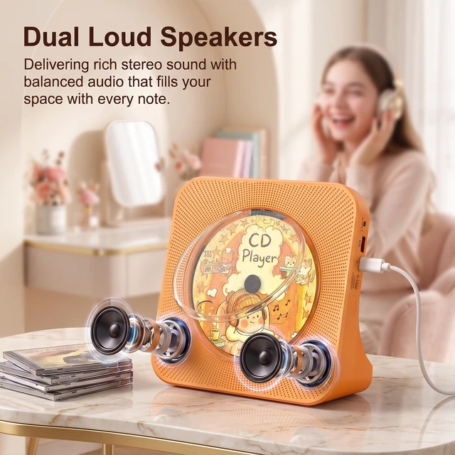 Alt view image 3 of 7 - Portable CD Player with Bluetooth, CD Player with Speaker for Home Plug-in desktop use,2-way Bluetooth mode, 3W speakers, FM radio, sleep timer, A-B repeat,USB/AUX
