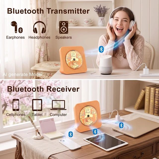 Alt view image 4 of 7 - Portable CD Player with Bluetooth, CD Player with Speaker for Home Plug-in desktop use,2-way Bluetooth mode, 3W speakers, FM radio, sleep timer, A-B repeat,USB/AUX