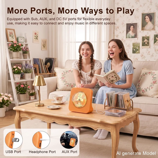 Alt view image 5 of 7 - Portable CD Player with Bluetooth, CD Player with Speaker for Home Plug-in desktop use,2-way Bluetooth mode, 3W speakers, FM radio, sleep timer, A-B repeat,USB/AUX