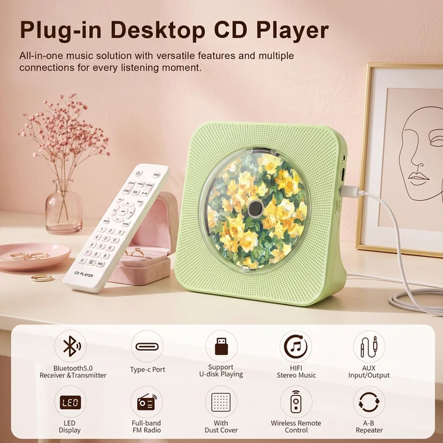 Alt view image 2 of 7 - Portable CD Player with Bluetooth, CD Player with Speaker for Home Plug-in desktop use,2-way Bluetooth mode, 3W speakers, FM radio, sleep timer, A-B repeat,USB/AUX