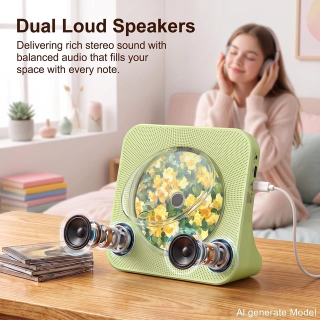 Alt view image 3 of 7 - Portable CD Player with Bluetooth, CD Player with Speaker for Home Plug-in desktop use,2-way Bluetooth mode, 3W speakers, FM radio, sleep timer, A-B repeat,USB/AUX